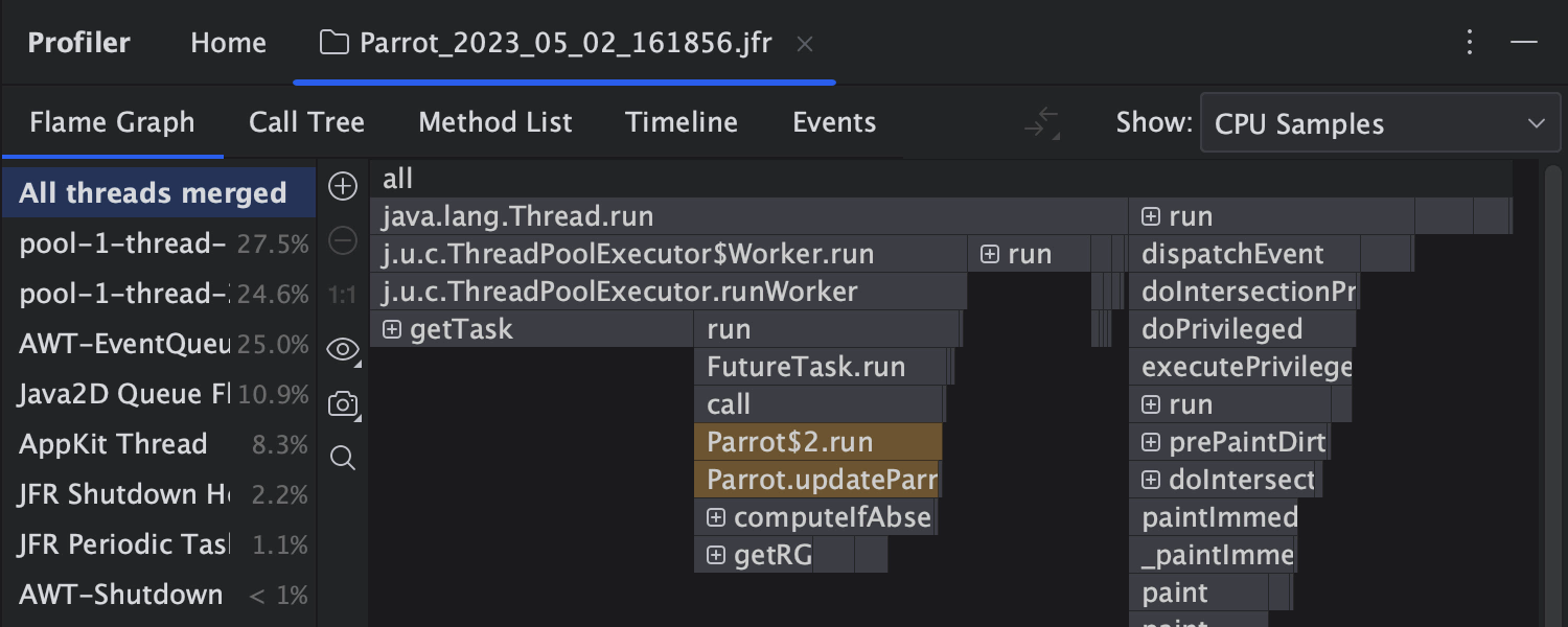 Visualização com gráfico de chamas no profiler para aplicativos Java