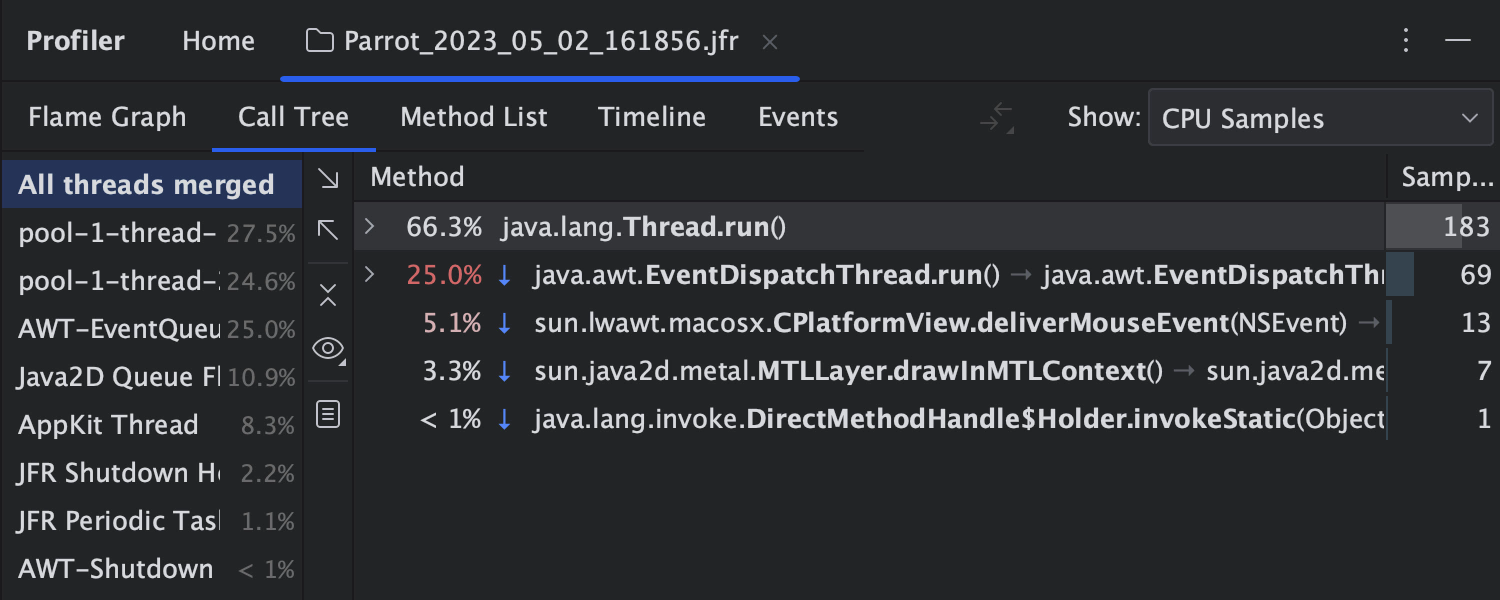 Exibição de árvore de chamadas do profiler para aplicativos Java