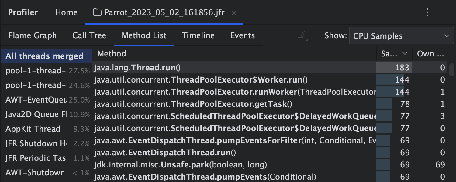 Profiler Method list view in IntelliJ IDEA