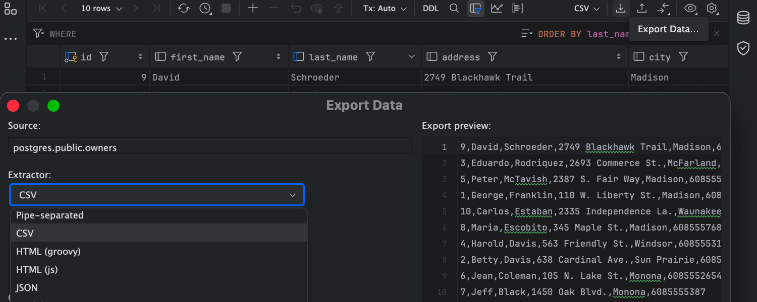 Export and import data