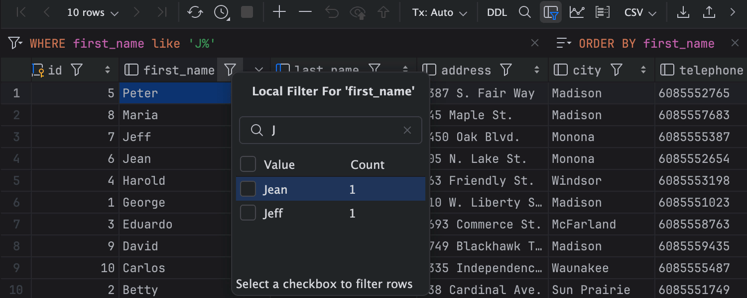 Filter data in the table