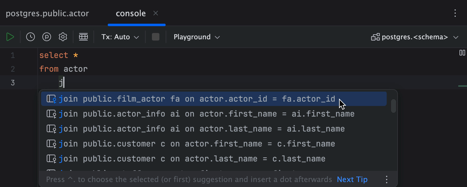 Smart code completion for SQL query