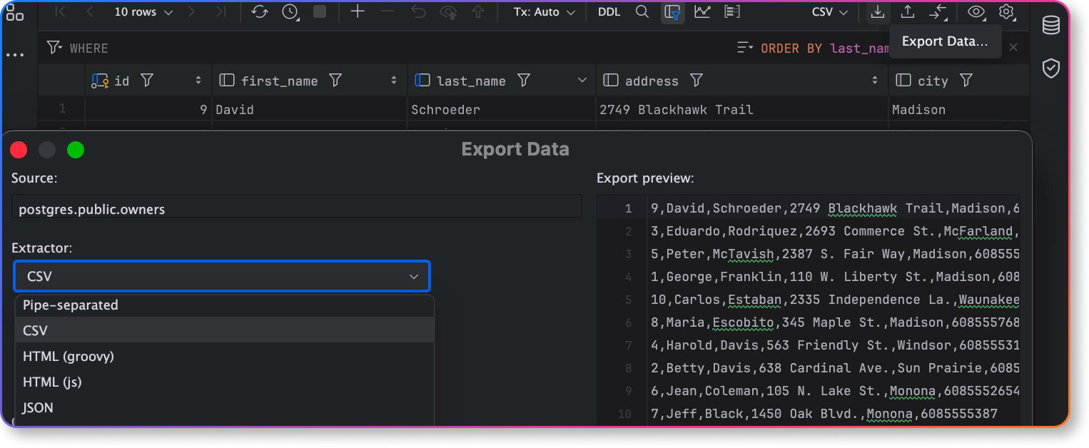 Export and import data