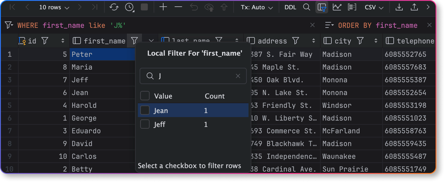 Filter data in the table