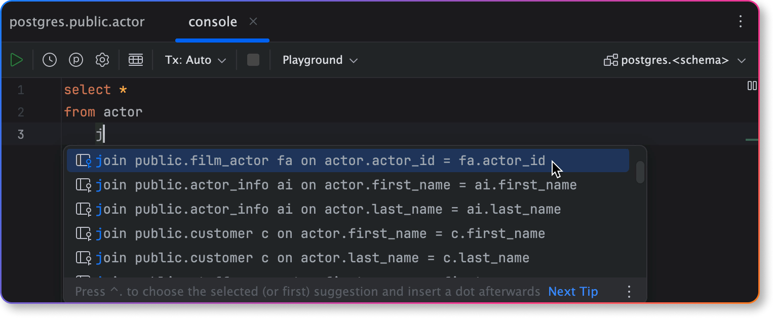 Smart code completion for SQL query