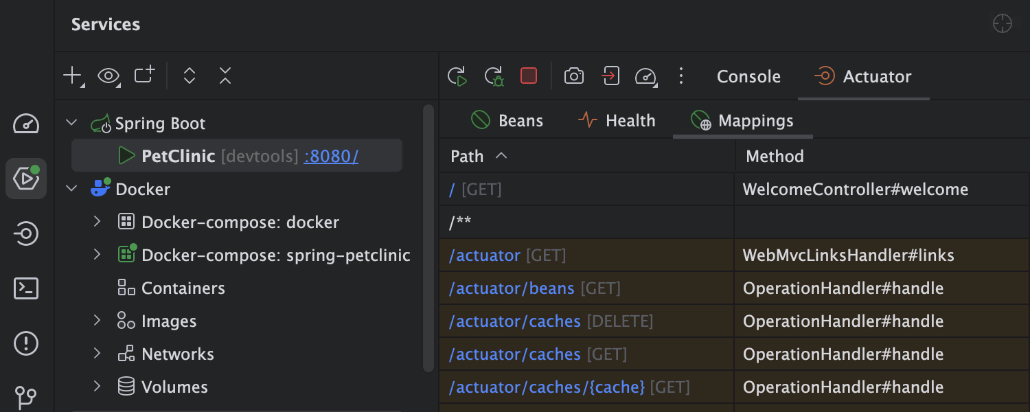 Actuator tab to monitor Spring Boot application state in IntelliJ IDEA