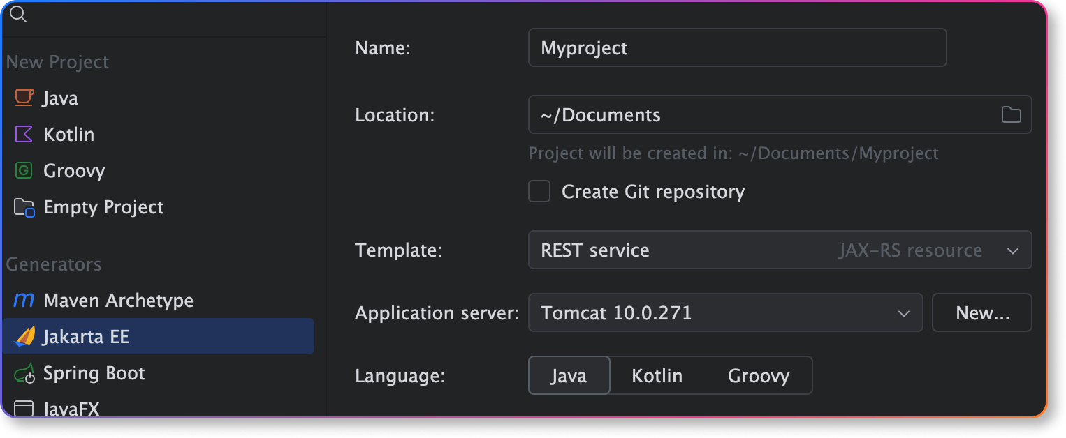 IntelliJ IDEA Jakarta EE project creation