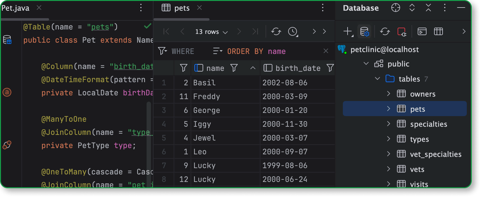 Spring Database tools window in IntelliJ IDEA