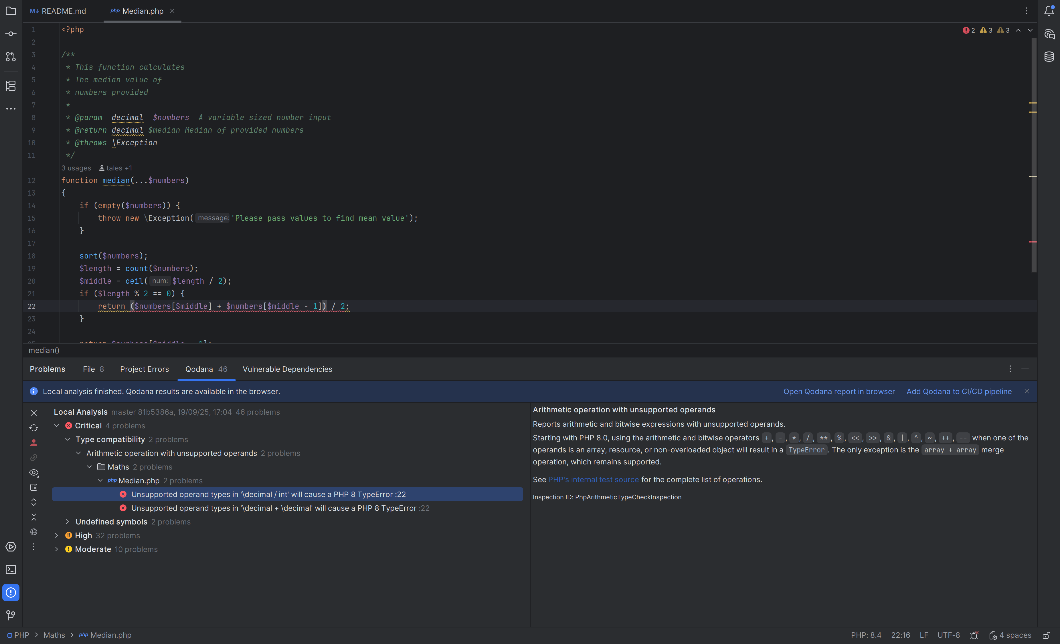 PhpStorm with a PHP file (Median.php) open, showing code for calculating the median. The Qodana analysis panel below reports errors, including unsupported operand types and type compatibility issues.