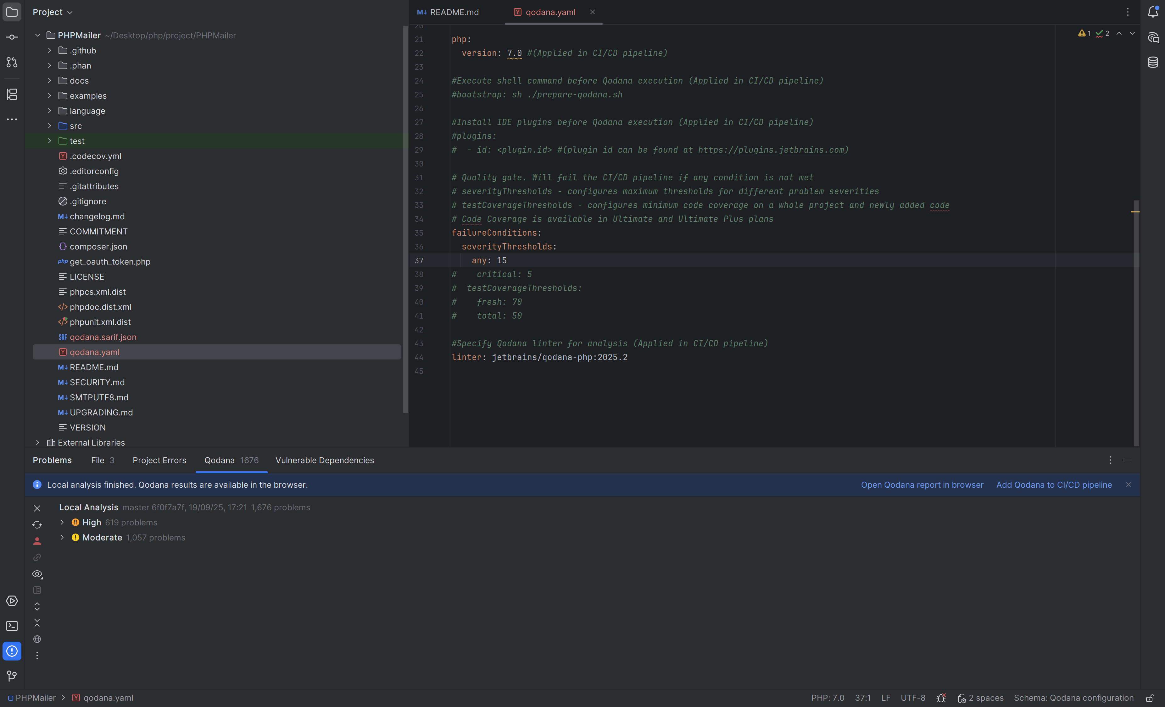 PhpStorm showing a PHP project with the qodana.yaml file open, configuring Qodana code quality checks.