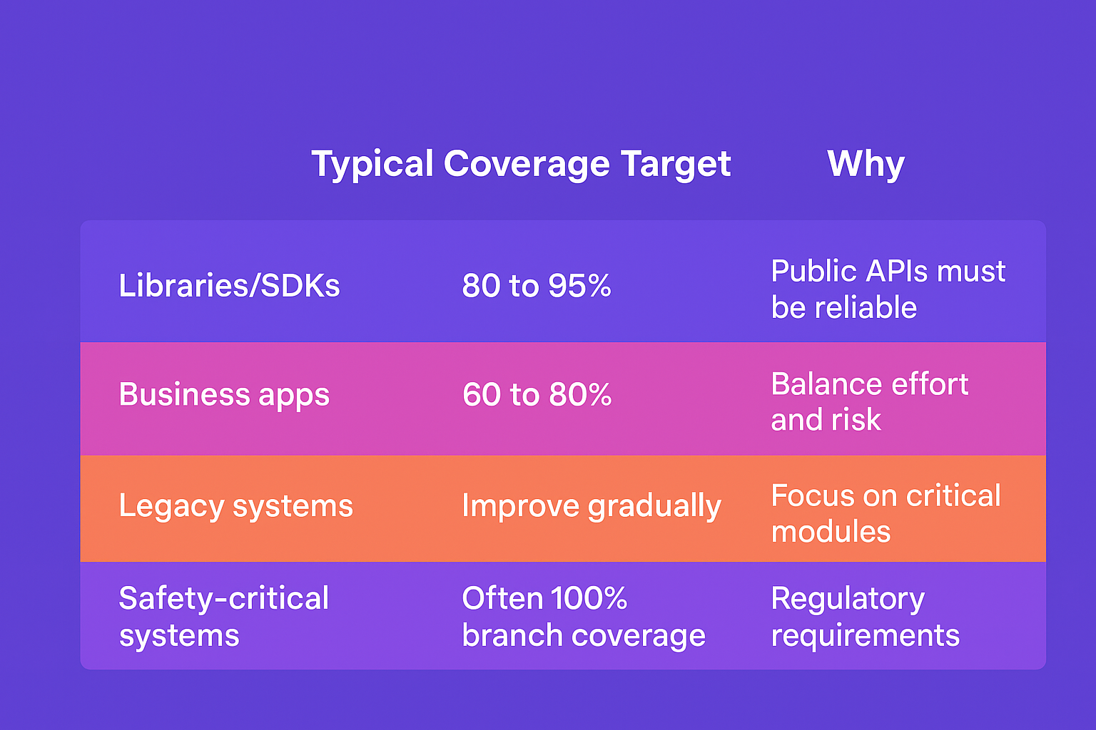 Table of typical code coverage targets for different system types and their rationale.