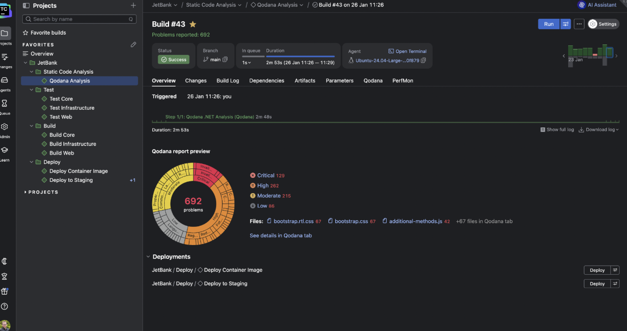 CI build dashboard showing static analysis results with issue counts.